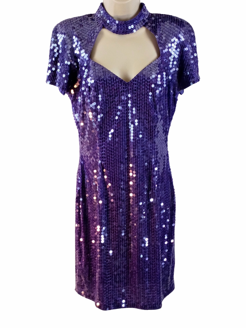 Vintage Nite Line Sequined Purple Lilac Midi Dress with Cutout Neckline